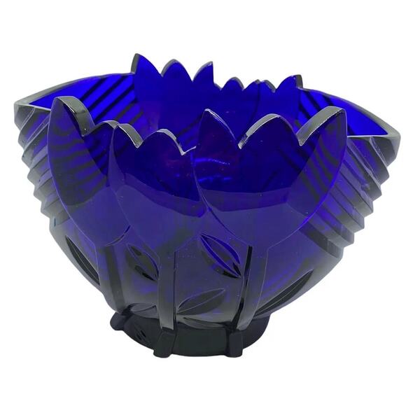 Vintage Cobalt Blue Art Deco Centerpiece Bowl With Tulip Design - Picture 5 of 10